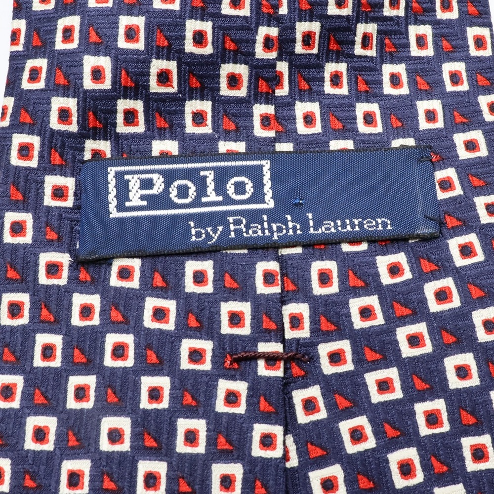 VTG Polo Ralph Lauren Tie Geometric Square 100% Silk USA Navy Red Acadamia